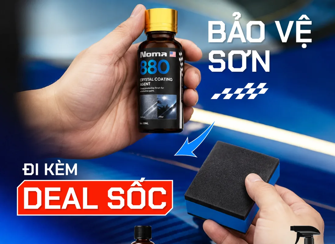 Bàn tay cầm lọ NOMA 880 và miếng pad chà chuyên dụng đi kèm trong hộp