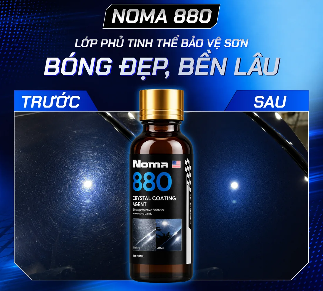So sánh bề mặt sơn xe trước và sau khi phủ NOMA 880: bên trái mờ và tán sáng, bên phải bóng sâu và phản chiếu gọn
