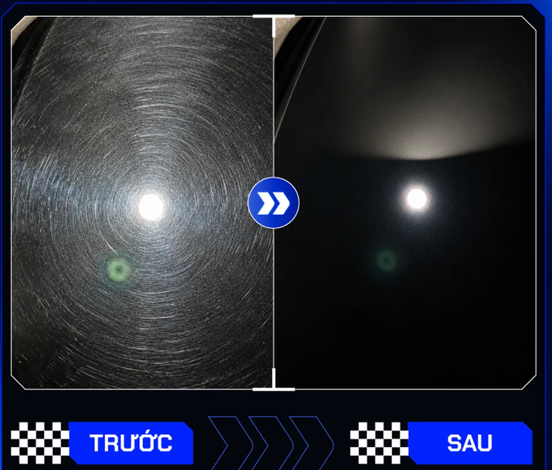 So sánh bề mặt sơn xe trước khi phủ NOMA 880 (xước xoáy tán sáng thành mạng nhện) và sau khi phủ (điểm sáng gọn, nền tối sâu)